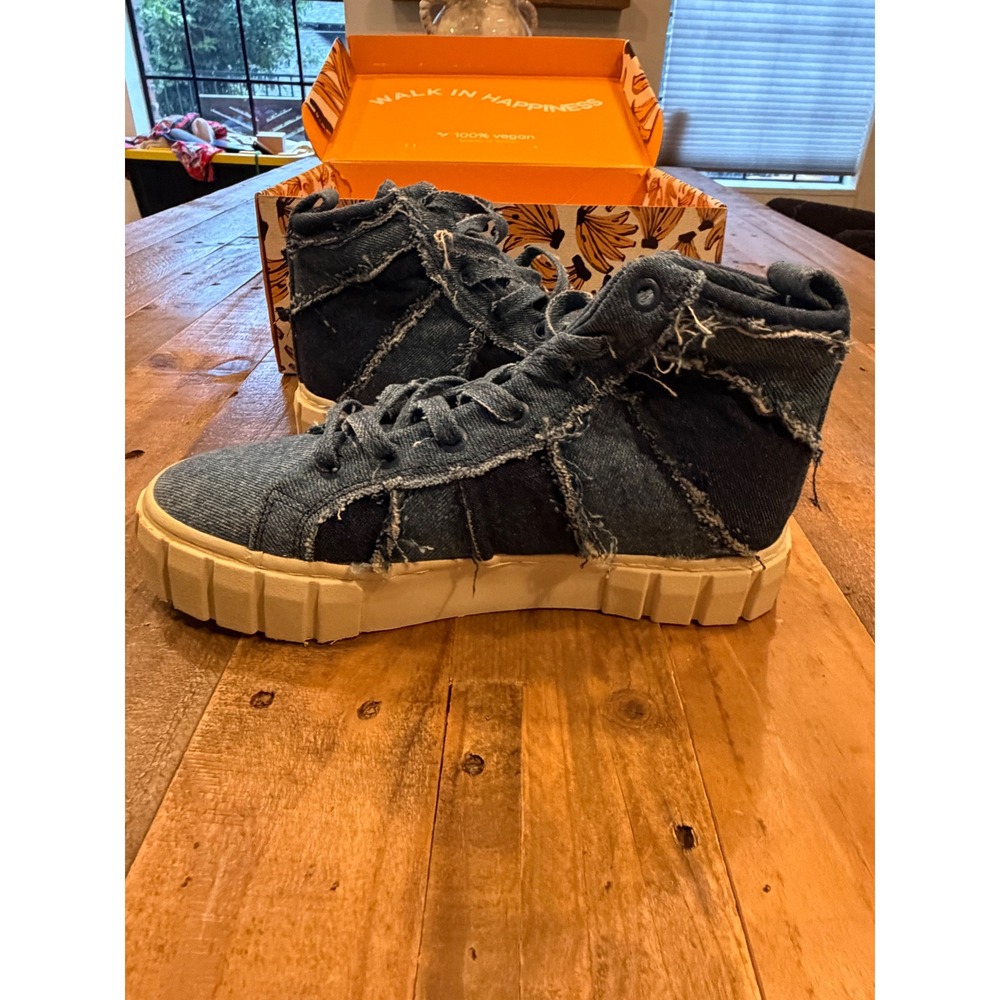 Farm Rio Patchwork Denim High Top Sneakers Blue Distressed Platform Vegan Shoes - Picture 7 of 11